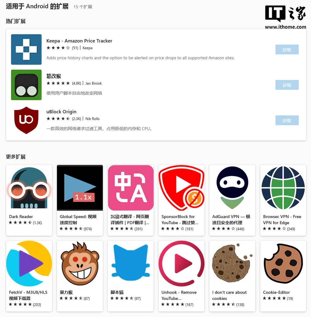 微软 Edge 浏览器开辟安卓专属扩展页面，已上线“沉浸式翻译”等 15 款